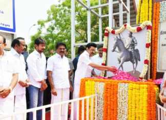 சுதந்திரப் போராட்ட வீரர் தீரன் சின்னமலை பிறந்தநாள் விழா : தமிழ்நாடு முதலமைச்சர் மு.க.ஸ்டாலின் அன்னாரின் திருவுருவப் படத்திற்கு மலர்தூவி மரியாதை செலுத்தினார்.