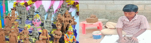 7th standard school student who made his own clay puppets and displayed Navratri Kolu in Makaral village