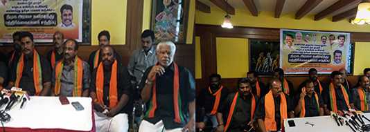 கருப்புச்சட்டை அணிந்துக் கொண்டு செய்தியாளர்கள் சந்திப்பு நிகழ்ச்சியில் பங்கேற்ற திருவாரூர் மாவட்ட பாஜகவினர் …