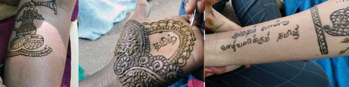 Students of Thanjai Kundavai Nachiyar Government College of Arts for Women painted 38 Tamil epithets on their hands with mehandi