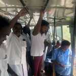 The DMK members led by DMK secretary of Bundi North Union engaged in intensive vote collection for the hand symbol from the passengers in the running bus-ஜ1